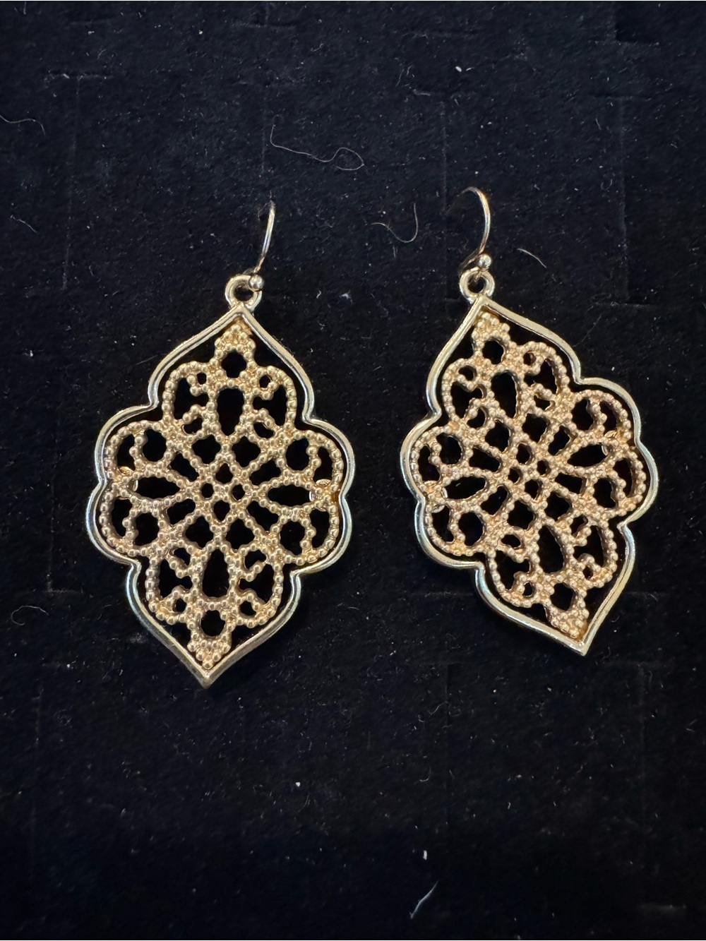 Gold Tone Filigree Dangle Earrings Ornate Floral Openwork Boho Statement